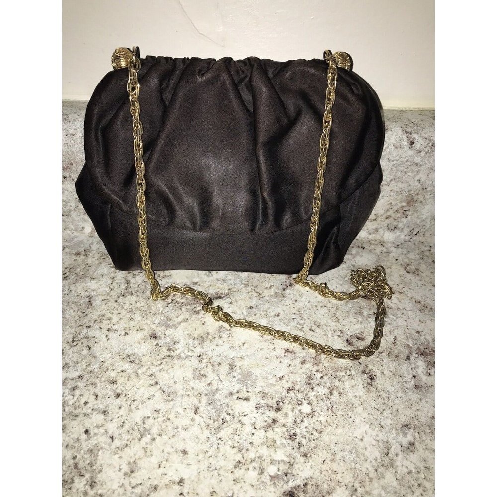 1940-50’s Bobbie Jerome Black Satin Purse Gold Rope Chain Rhinestone Accents MCM